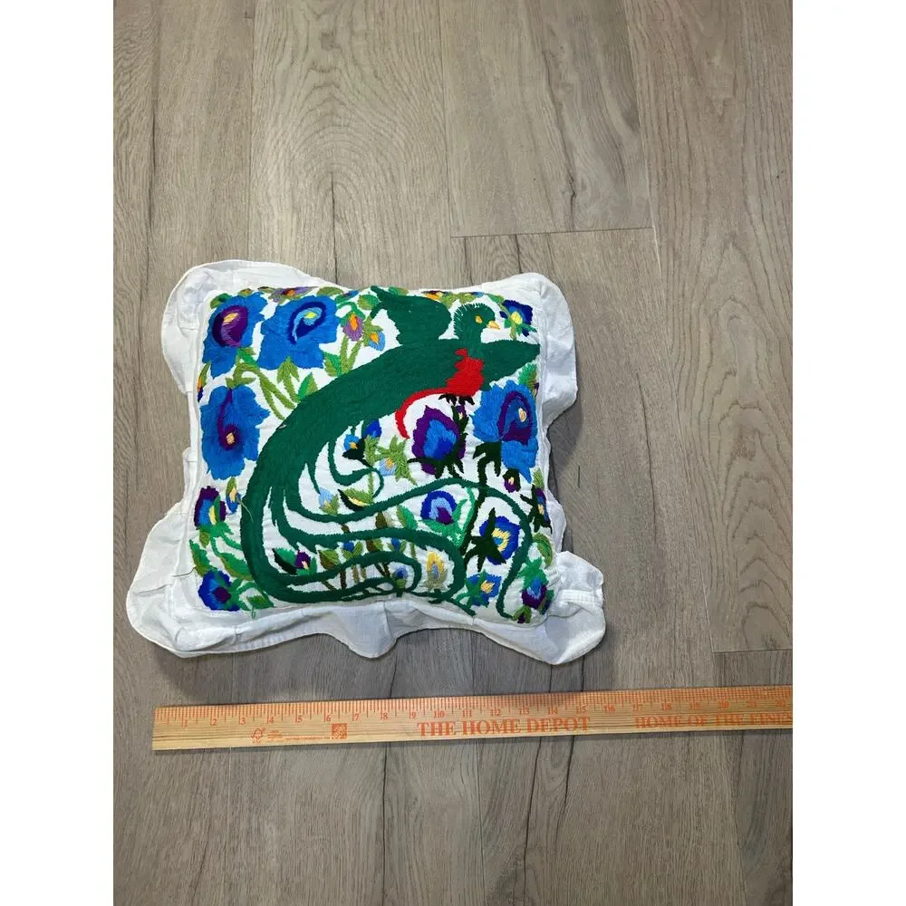 Vintage Handmade Embroidered Peacock Pillow Floral Folk Art Boho Ruffle 16”